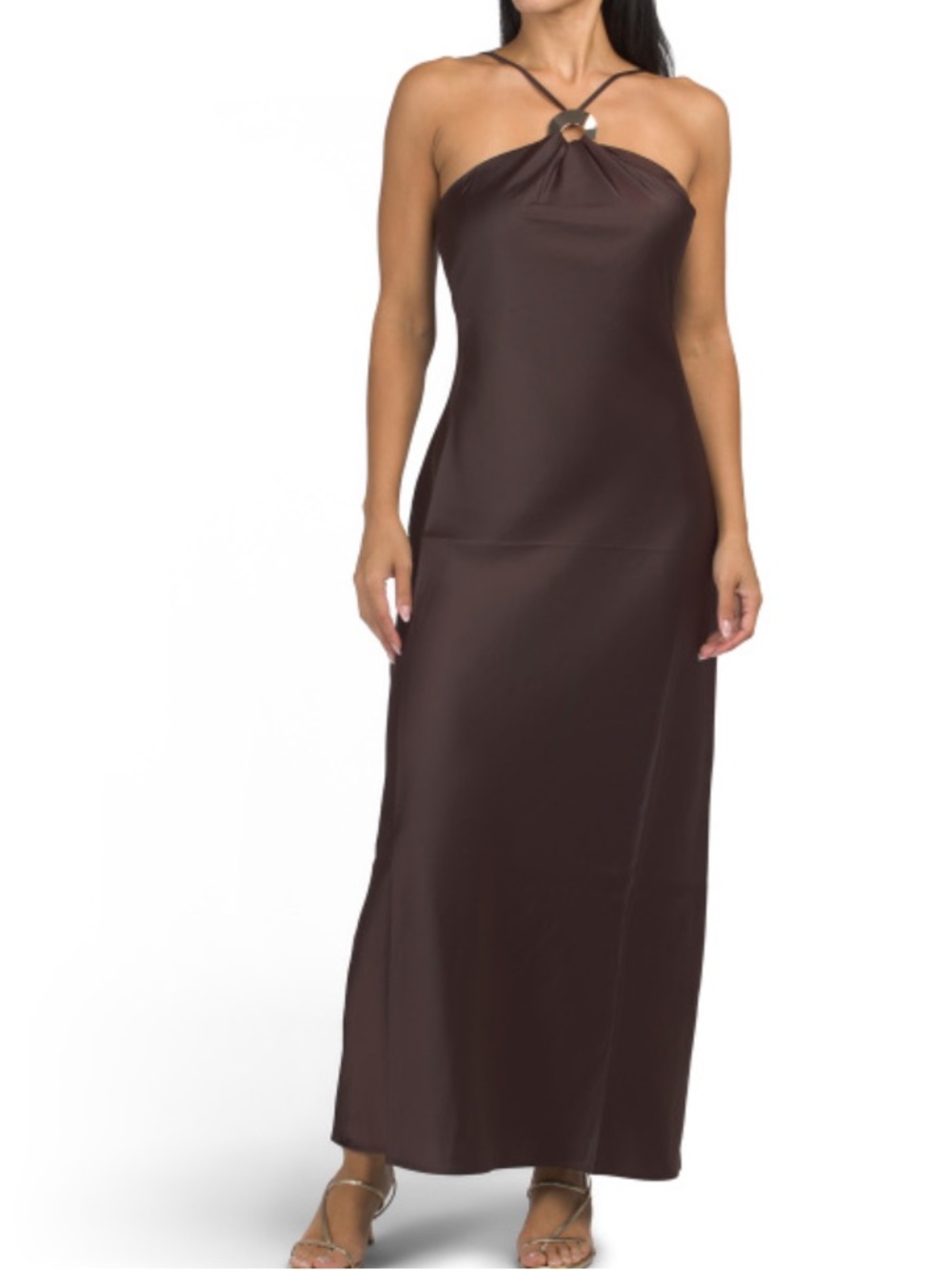 Rachel Zoe Satin Halter Maxi Dress in Chocolate Brown